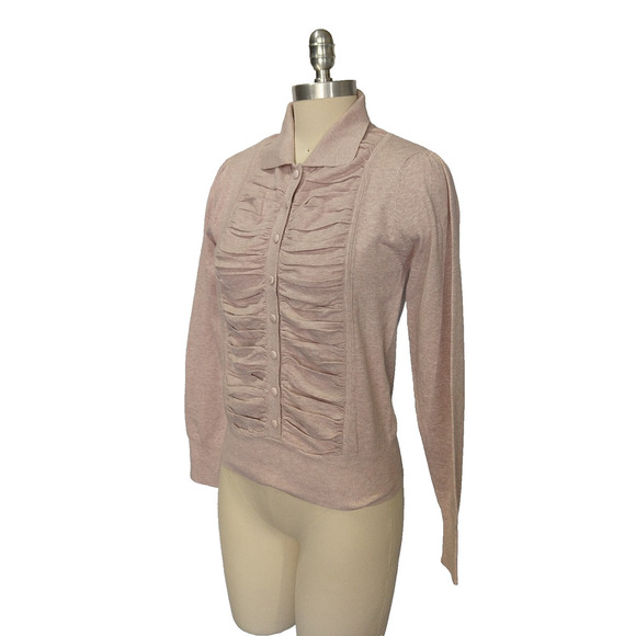 Vintage Y2K Coquette Cardigan Size S Collared Shirred Front Lavender Cotton - Picture 4 of 7